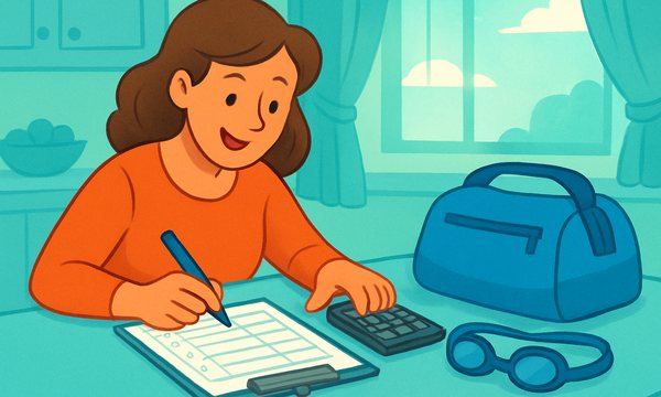 Illustration: a parent filling in a swim lesson cost worksheet with a calculator, beside a swim bag and goggles