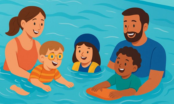 Cartoon illustration: Adaptive Swimming for Children with Special Needs
