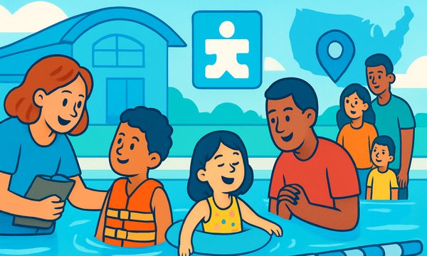 Cartoon illustration: Families at a pool with life jackets