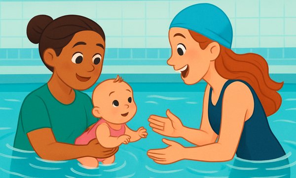 Cartoon illustration: Swim Lessons from 8 Weeks Old