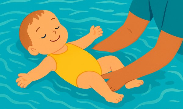 Cartoon illustration: Back-Float-First Infant Swim
