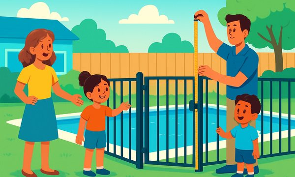 Cartoon illustration: Backyard Pool Fence Requirements by State (2026 Guide)