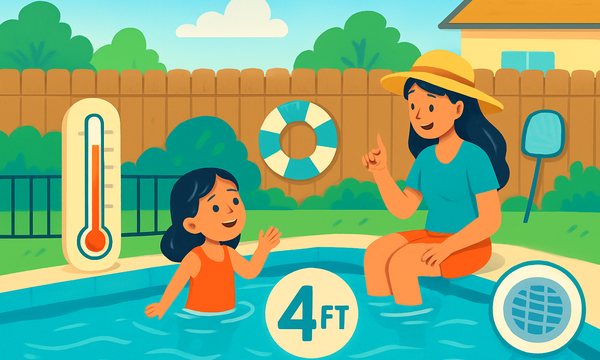 Cartoon illustration: What Your Backyard Pool Needs Before a Swim Instructor Arrives