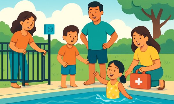 Cartoon illustration: The Five Layers of Backyard Pool Safety