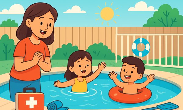 Cartoon illustration: Backyard Pool Safety Guide for Parents