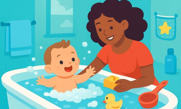 Cartoon illustration: Bath Time Safety for Infants and Toddlers