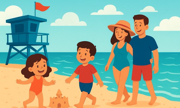 Cartoon illustration: Beach Day Safety Checklist for Families