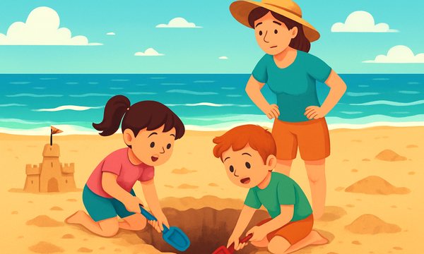 Cartoon illustration: Sand Hole Collapse: The Hidden Beach Danger for Kids