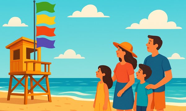 Cartoon illustration: Beach Warning Flags Explained