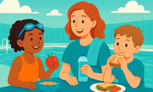 Cartoon illustration: Nutrition and Hydration for Young Swimmers