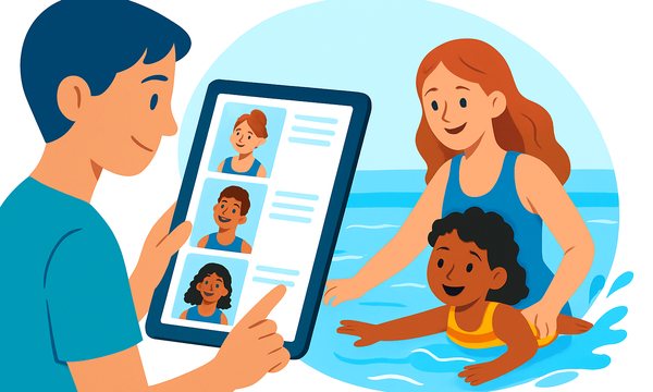 Cartoon illustration: Choosing Your Own Swim Instructor vs. Being Assigned One