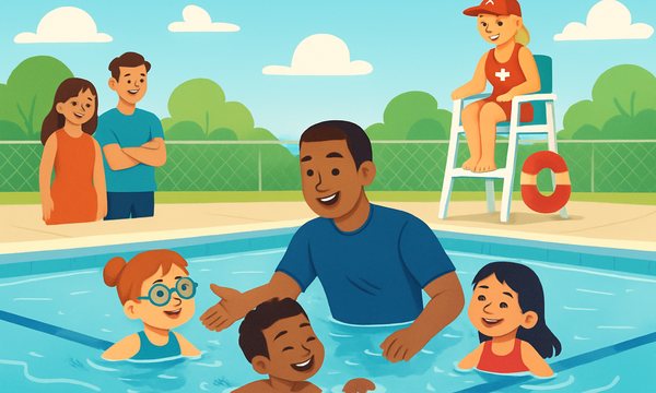 Cartoon illustration: a swim instructor teaching children at an outdoor community pool while parents watch from the deck