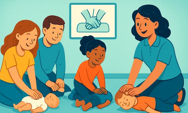 Cartoon illustration: parents practising CPR in a class