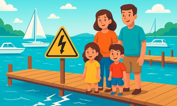 Cartoon illustration: Electric Shock Drowning at Docks