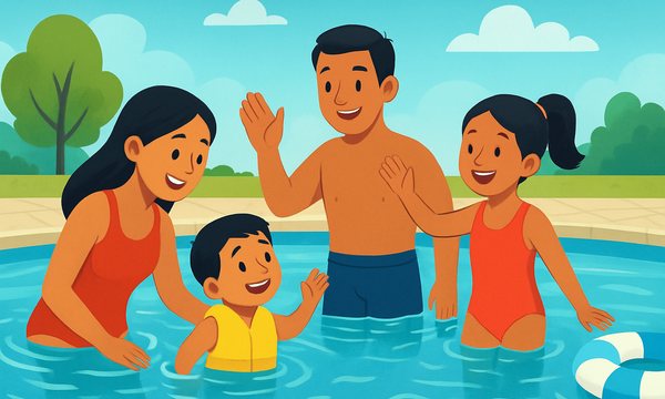 Cartoon illustration: Family Swim Time