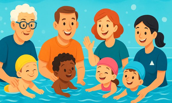 Cartoon illustration: The 50-Year Swim School