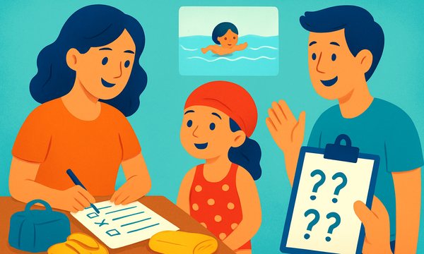 Cartoon illustration: First Swim Lesson Prep Checklist for Parents