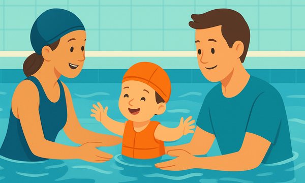 Cartoon illustration: First Swim Lesson