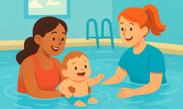 Cartoon illustration: Free Baby Swim Classes