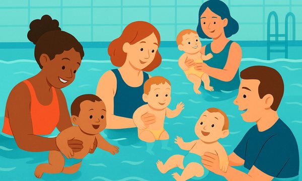 Cartoon illustration: Free Infant Swim Lessons Under 6 Months