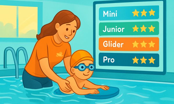 Cartoon illustration: Goldfish swim school levels