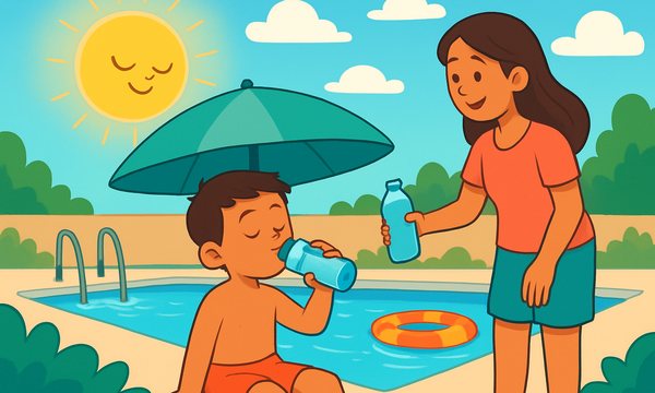 Cartoon illustration: Heat Exhaustion vs. Heatstroke at the Pool: Warning Signs