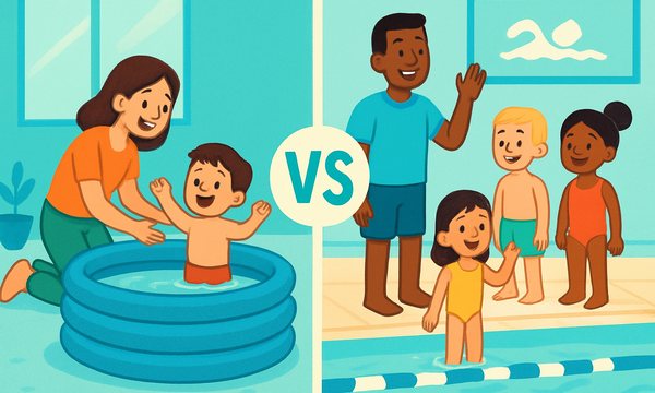 Cartoon illustration: Home Swim Lessons vs. Swim School