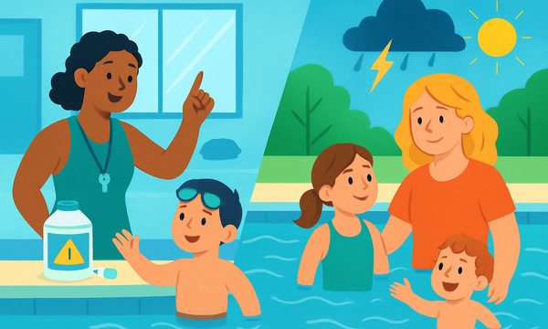 Cartoon illustration: Indoor vs Outdoor Swim Lessons