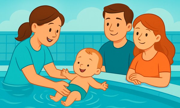 Cartoon illustration: Instructor supporting an infant in a pool