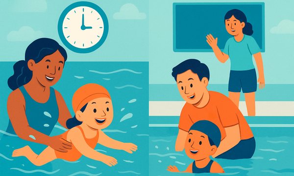 Cartoon illustration: Intensive vs. Weekly Swim Lessons