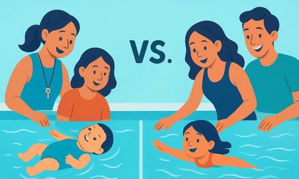 Cartoon illustration: ISR vs. Traditional Swim Lessons