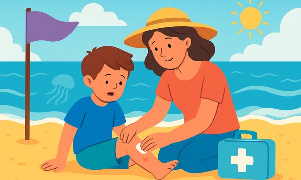 Cartoon illustration: Jellyfish Sting First Aid