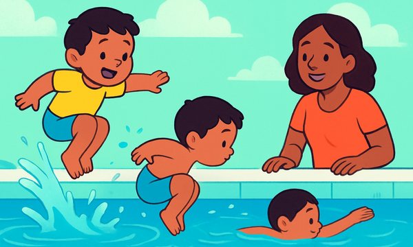 Cartoon illustration: Jump, turn, swim safety sequence