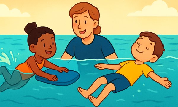 Cartoon illustration: Kick-First vs. Survival-First Swim Curricula