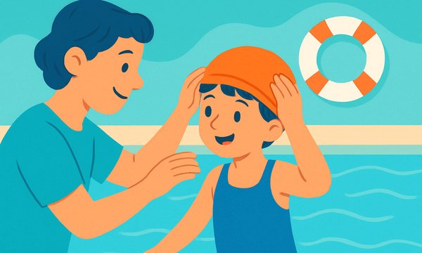Cartoon illustration: Do Kids Need Swim Caps? A Parent's Complete Guide