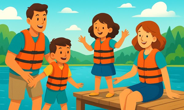 Cartoon illustration: a family at a lake house dock with kids in life jackets near calm water