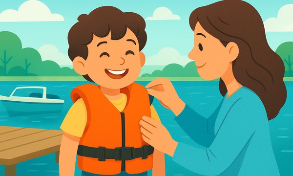 Cartoon illustration: Life Jacket Sizing & Fit Guide