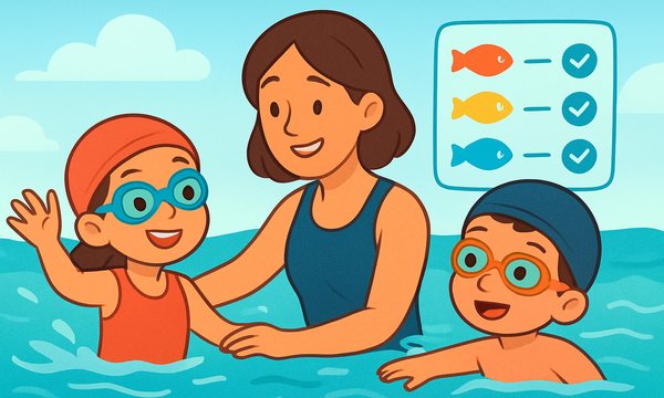 Cartoon illustration: Mastery-Based vs Session-Based Advancement in Swim Lessons