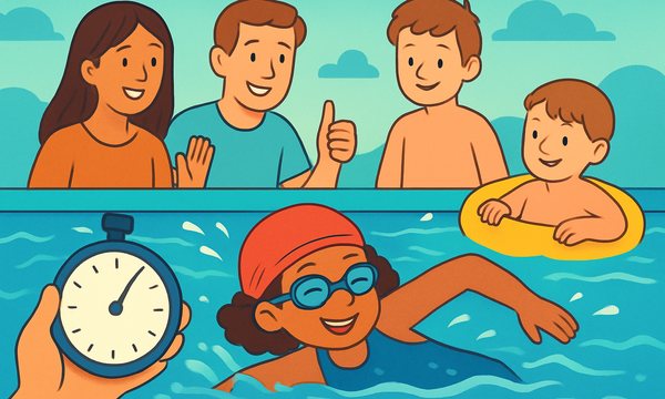 Cartoon illustration: How to Measure Your Child's Real Swimming Progress (Beyond Ribbons and Levels)