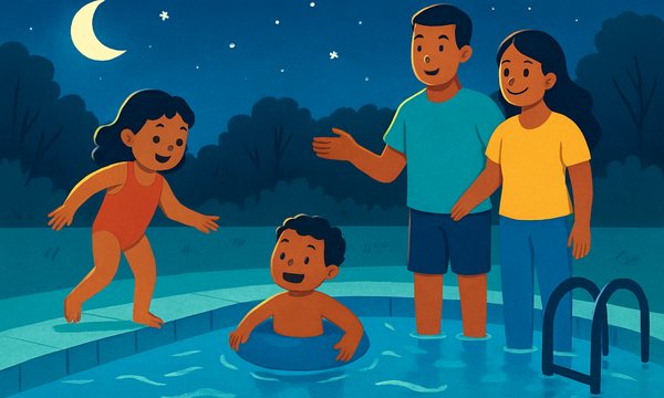 Cartoon illustration: Night Swimming Safety