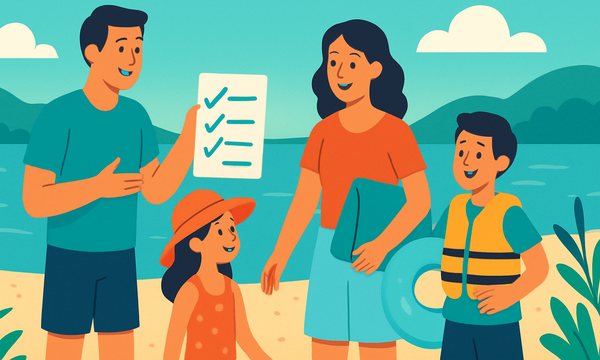 Cartoon illustration: Open Water Safety Checklist for Families (Free Printable)