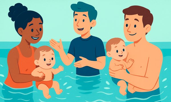 Cartoon illustration: What Parents Actually Do in Parent-and-Me Swim Lessons