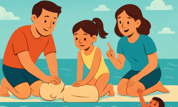 Cartoon illustration: Parent CPR & Water Rescue Basics
