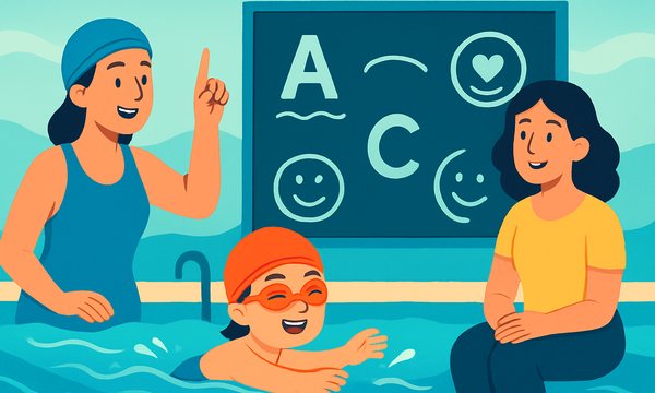 Cartoon illustration: Swim School Pedagogy Frameworks Decoded