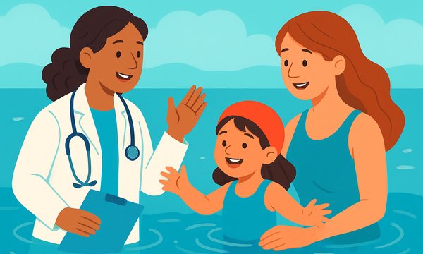 Cartoon illustration: A Pediatrician's Guide to Starting Swim Lessons