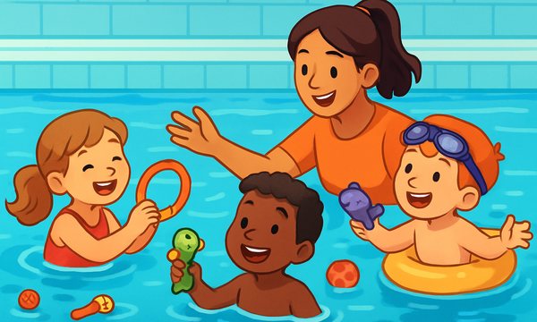 Cartoon illustration: Play-Based Swim Lessons