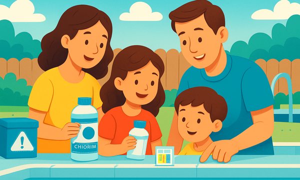 Cartoon illustration: Pool Chemical Safety Guide for Families