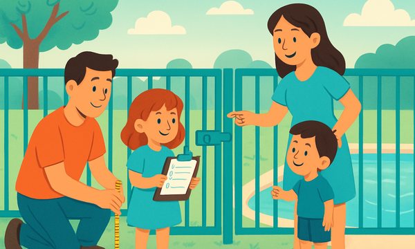 Cartoon illustration: Pool Fence & Gate Safety Inspection Checklist (Free Printable)