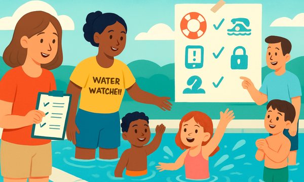 Cartoon illustration: Pool Party Safety Checklist for Hosts (Free Printable)