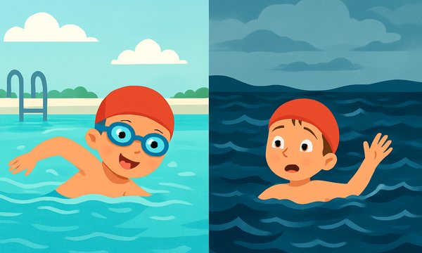 Cartoon illustration: Why Pool Swimming Skills Don't Transfer to Open Water